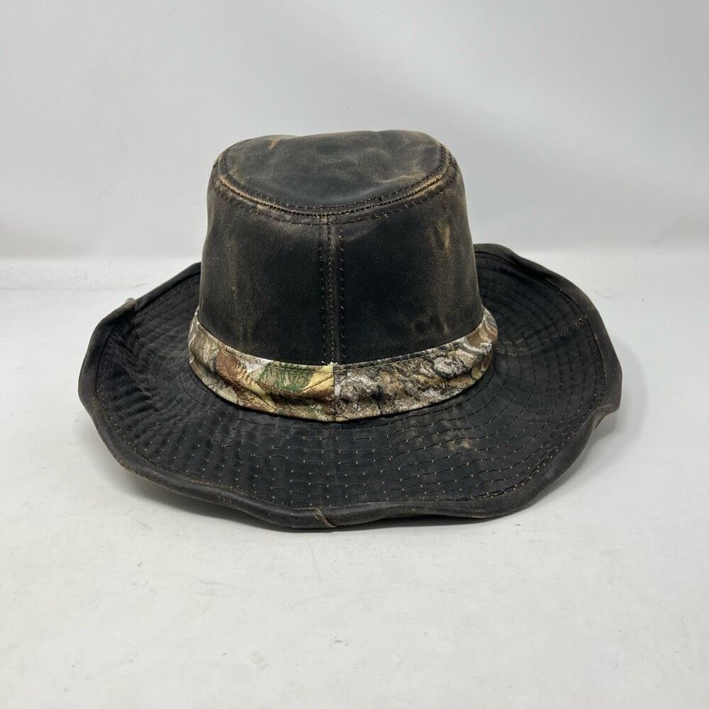 Real Tree Fedora Hat S/M Distressed Leather Camouflage Outdoor Cap Brown Mens - Picture 3 of 6